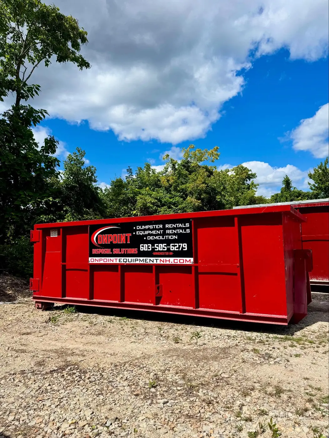 30 yard Onpoint Disposal Solutions roll off dumpster with company signage